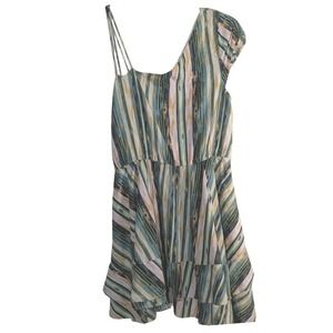 Free People One Shoulder Tiered Ruffle Mini Dress Green Striped Boho Size Medium